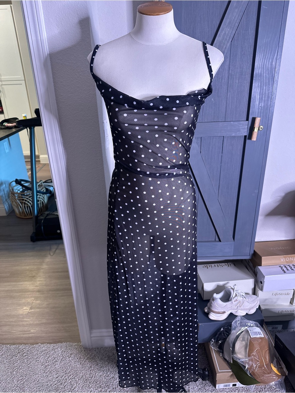 NEW Black Polka Dot Sheer Slip Dress. Size Small